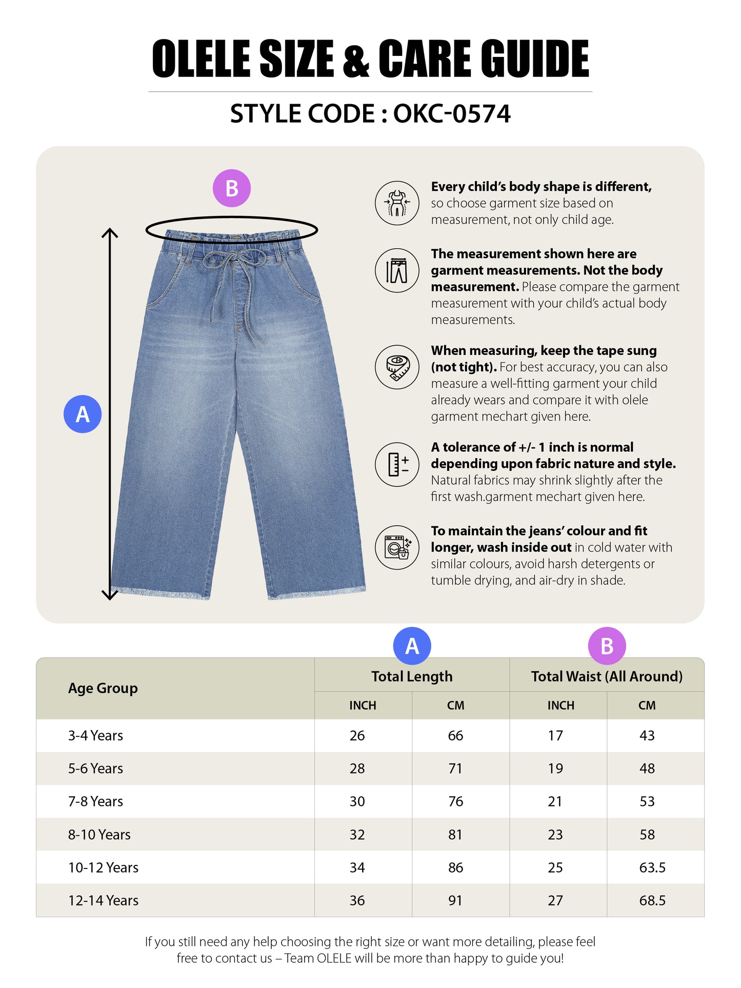 Olele® Girls Pull On Raw Edge Jeans Pant - Cotton Denim