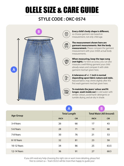 Olele® Girls Pull On Raw Edge Jeans Pant - Cotton Denim