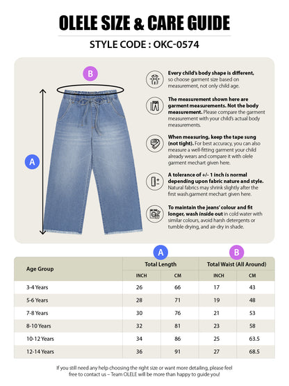 Olele® Girls Pull On Raw Edge Jeans Pant - Cotton Denim