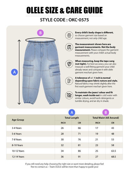 Olele® 7 Pockets Joggers Jeans Pants for Girls - Cotton Denim