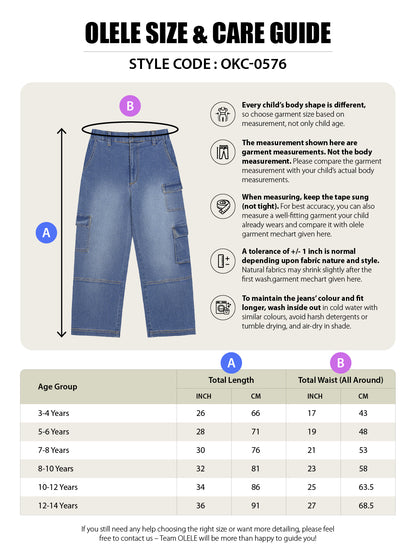Olele® 7 Pockets Cargo Jeans Pants for Girls - Cotton Denim