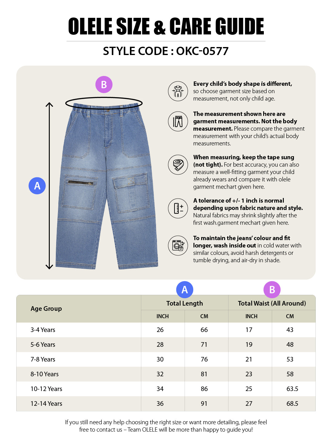 Olele® Girls 6 Pockets Cargo Cotton Denim Jeans Pant