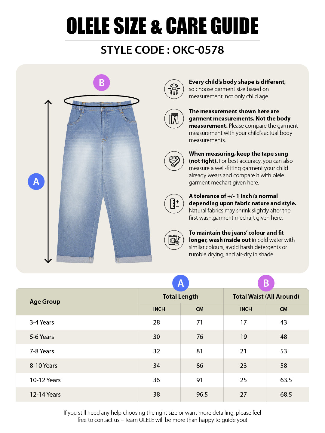 Olele® Girls Relax Fit Roll Up Jeans Pant - Cotton Denim