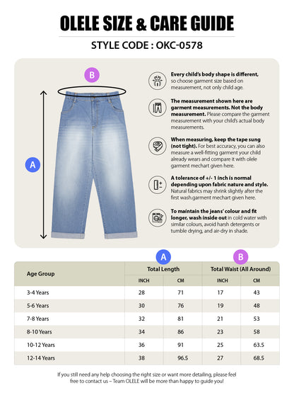 Olele® Girls Relax Fit Roll Up Jeans Pant - Cotton Denim