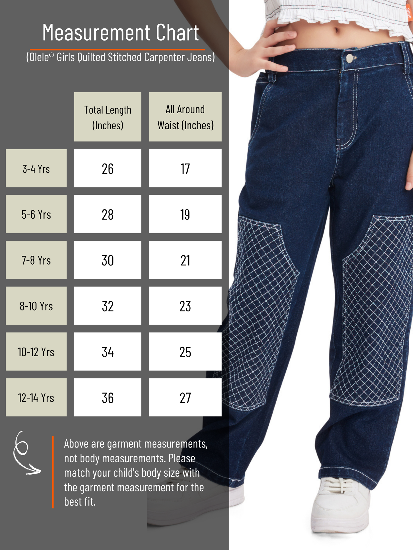 Olele® Girls Quilted Stitched Carpenter Jeans Pant - Cotton Denim