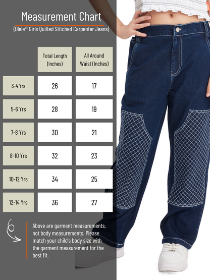 Olele® Girls Quilted Stitched Carpenter Jeans Pant - Cotton Denim