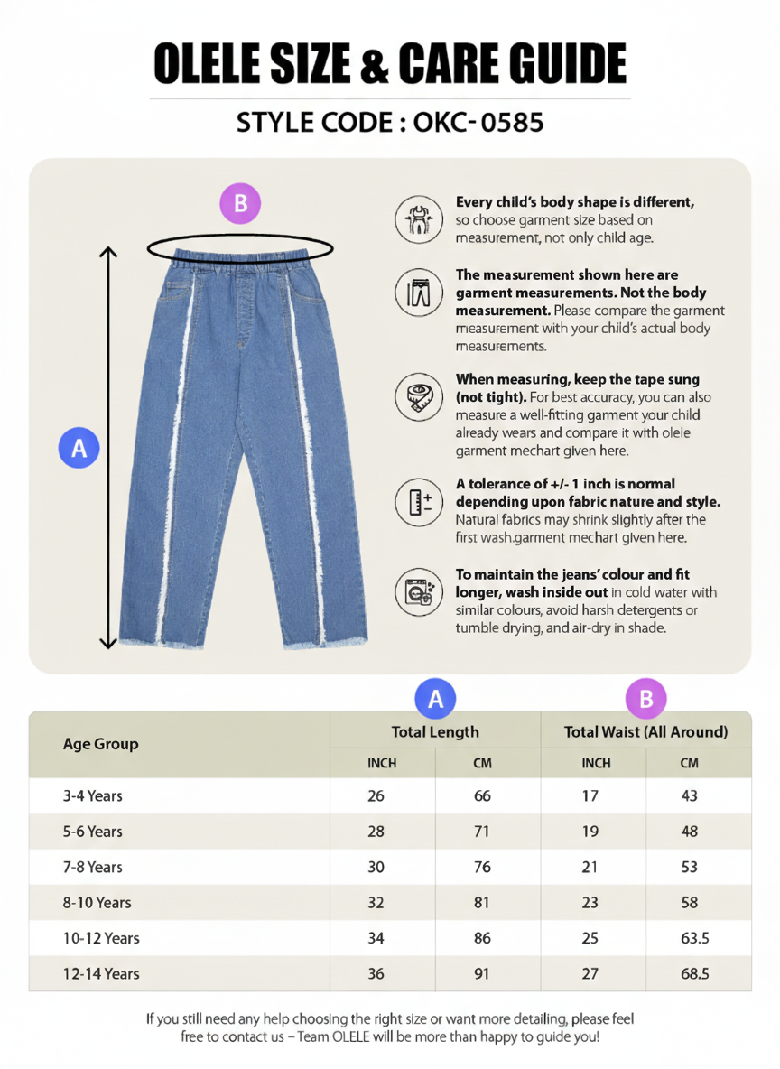 Olele® Boys Cotton Denim Pull On Raw Edge Front Pleat Jeans - Blue