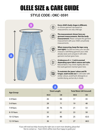 Olele® Boys Cotton Denim 7 Pockets Cargo Joggers Jeans Pant - Light Blue