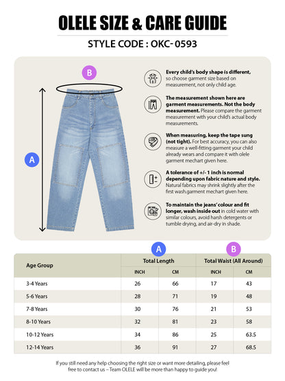 Olele® Boys Cotton Denim Patch Work Regular Fit Jeans Pant - Light Blue