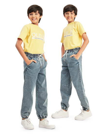 Olele® Boys Cotton Denim Pull On Joggers Jeans - Faded Blue