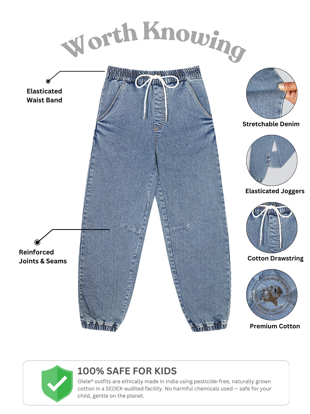 Olele® Boys Cotton Denim Pull On Joggers Jeans - Faded Blue