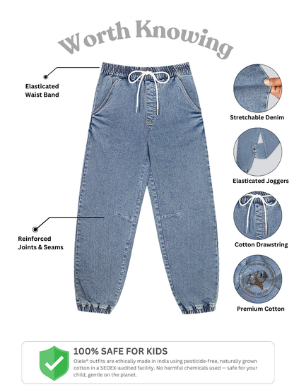 Olele® Boys Cotton Denim Pull On Joggers Jeans - Faded Blue