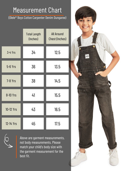 Olele® Boys Cotton Carpenter Denim Dungaree - Light Black
