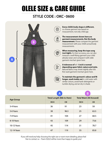 Olele® Boys Cotton Carpenter Denim Dungaree - Light Black