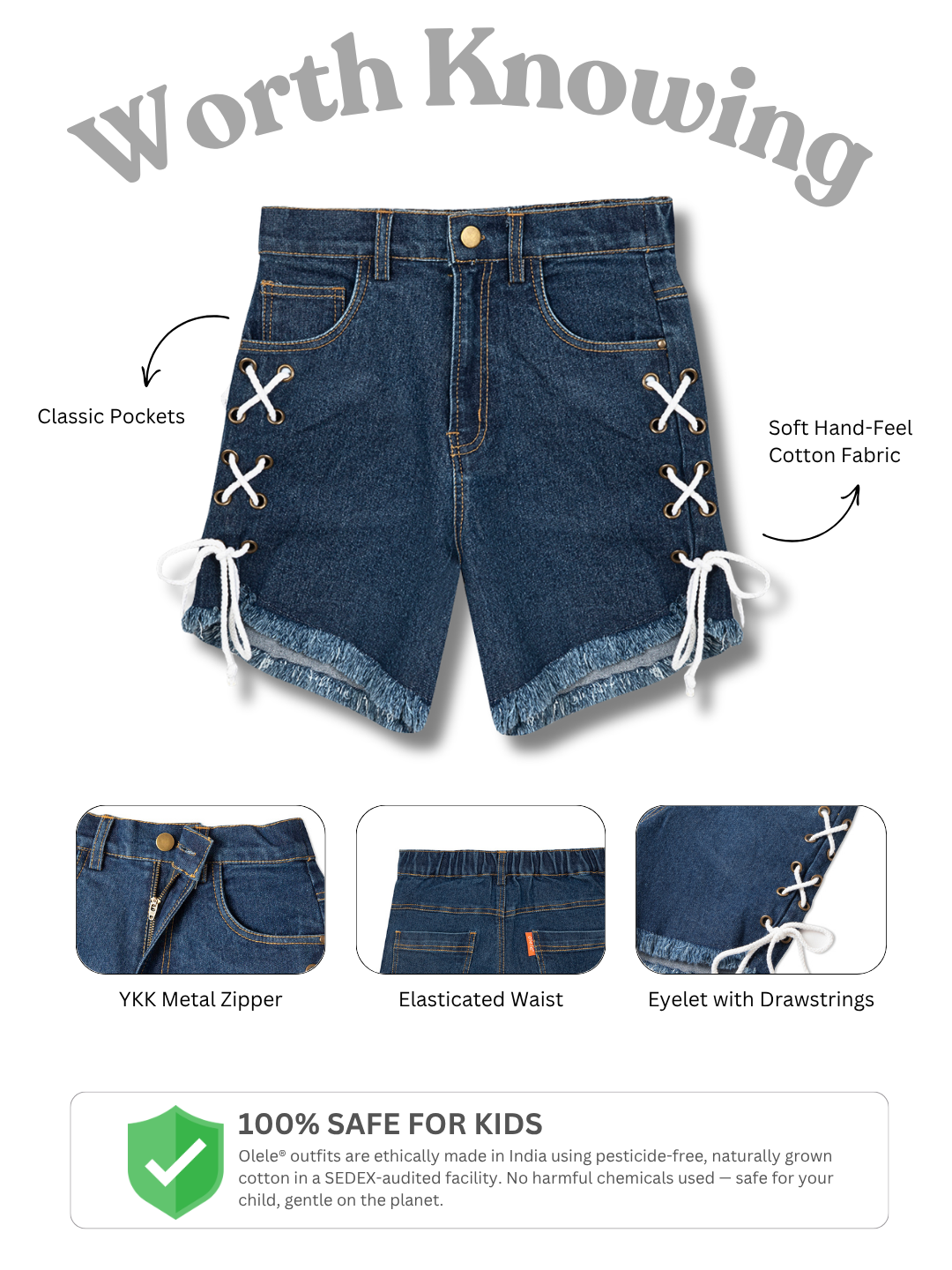 Olele® Girls Cotton Denim Shorts with Eyelets