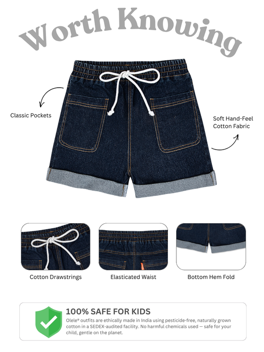 Olele® Girls All Round Elasticated Cotton Denim Shorts with White Drawstring