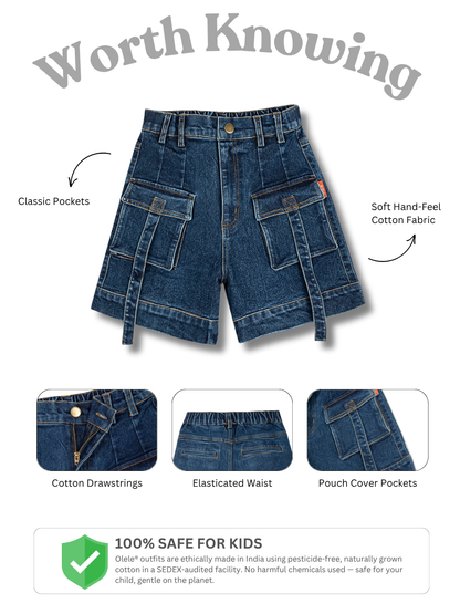 Olele® Girls Cotton Denim Shorts with Pouch Pockets and Cover