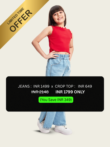 Olele® Girls Side Slit Cotton Jeans Pant + Cotton Rib Crop Top - Red (Combo)