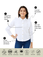 Olele® Girls Regina Full Sleeves Ruffle Shirt - Bright White Cotton