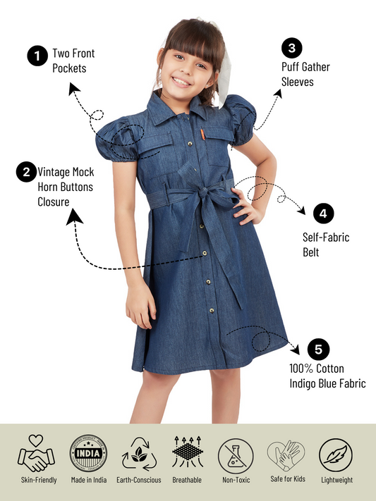 Olele® Girls Shepherd's Bush Cotton Denim Dress - Indigo Blue
