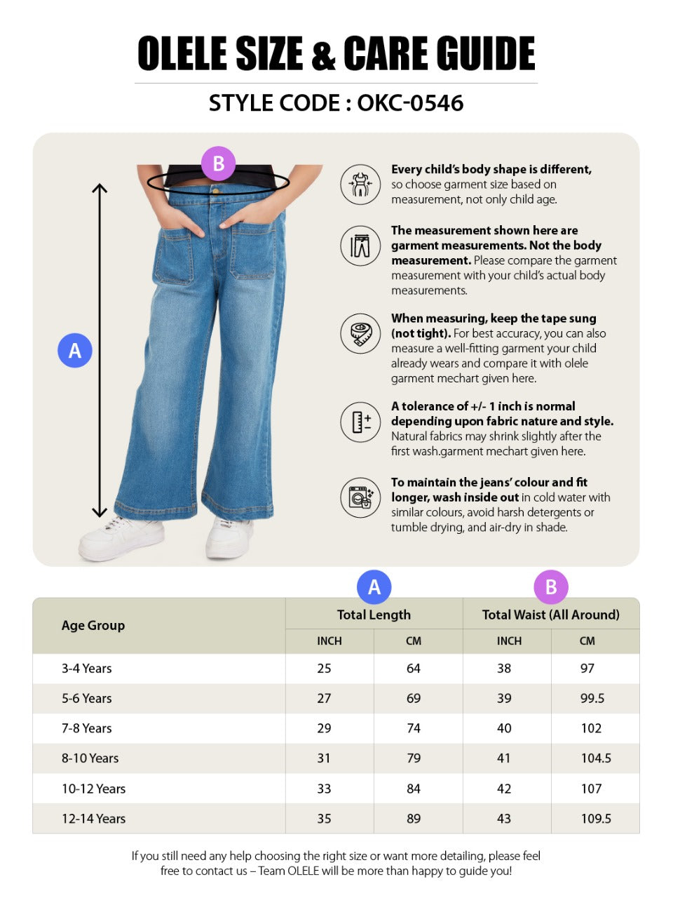 Olele® Girls Windsor Wide Leg Cotton Denim Jeans Regular Fit Stretchable (Elasticated Waist)  - Indigo Blue