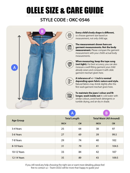Olele® Girls Windsor Wide Leg Cotton Denim Jeans Regular Fit Stretchable (Elasticated Waist)  - Indigo Blue