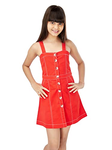 Olele® Girls Red Twill Strep Dress with Mockhon Buttons