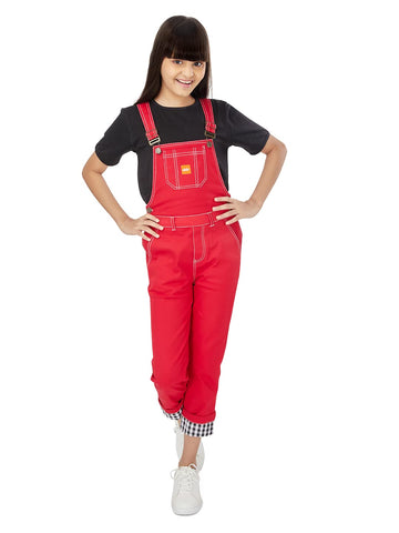 Olele® Full Length Cherry Red Twill Dungaree with Contrast Hemfold