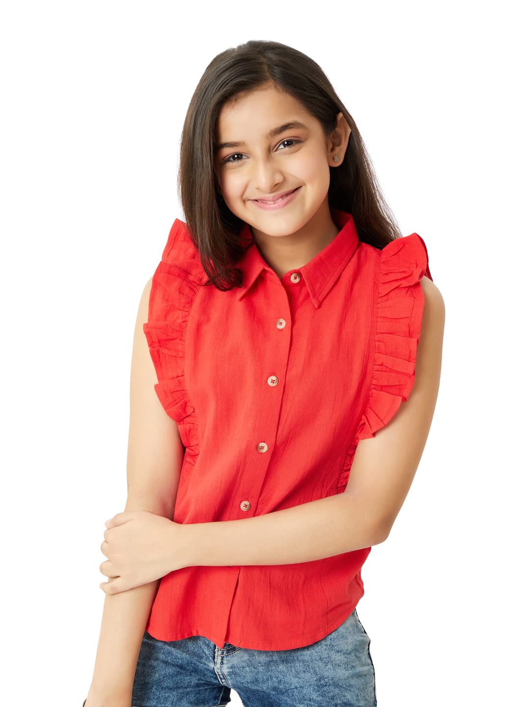 Olele® Regina Ruffle Shirt - Red Cotton Linen